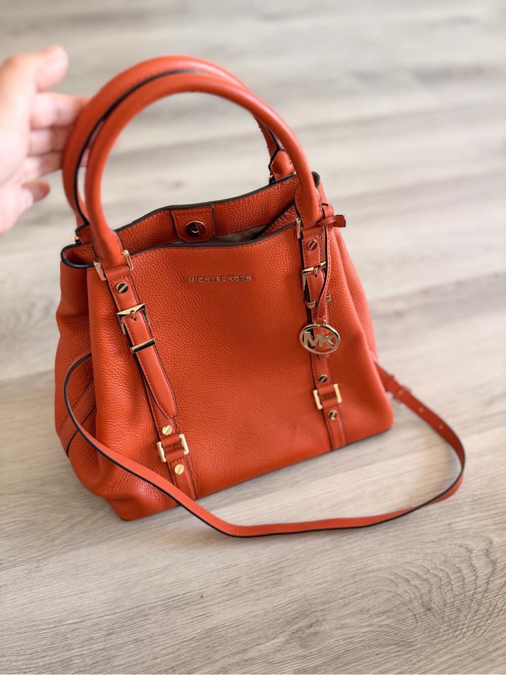 Michael Kors Orange Pebbled Leather Satchel with Gold Accents